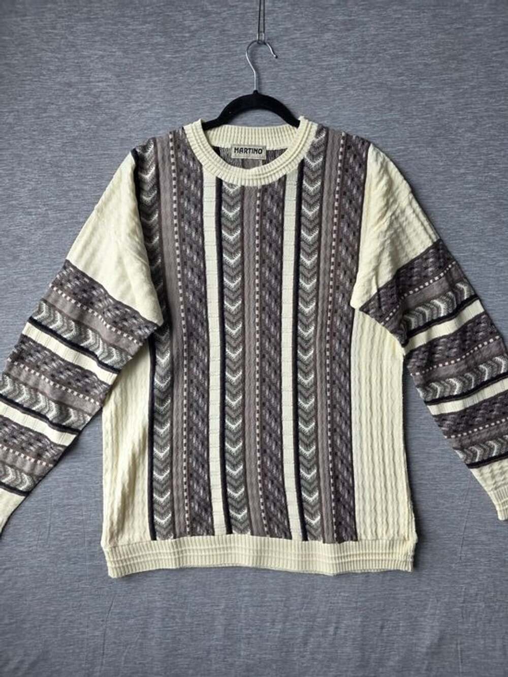 Martino Authentic Textured Geometric Knit Sweater Cream Brown Black Men’s L 90s